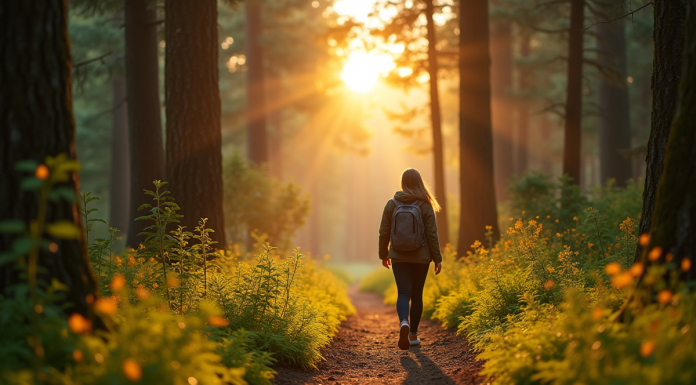 Personne marchant dans la forêt au coucher de soleil