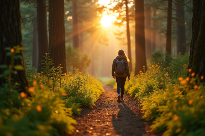 Personne marchant dans la forêt au coucher de soleil