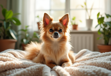 Chihuahua à poil long sur une couverture dans un salon lumineux
