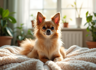 Chihuahua à poil long sur une couverture dans un salon lumineux