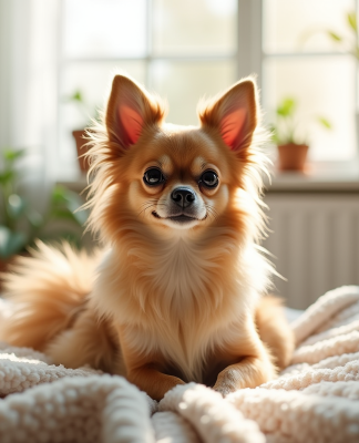 Chihuahua à poil long sur une couverture dans un salon lumineux