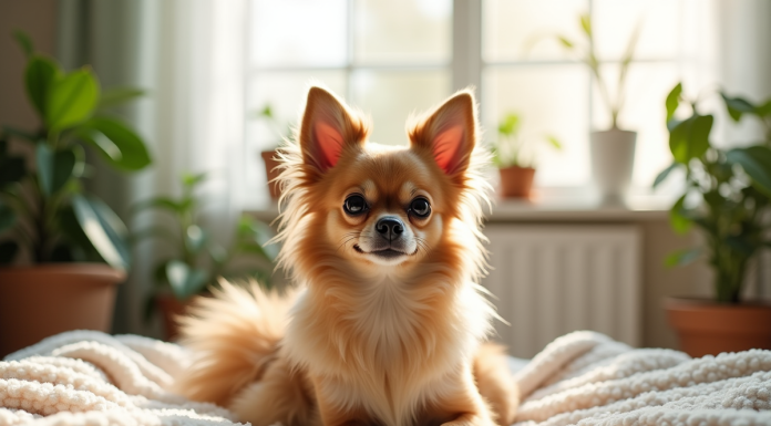 Chihuahua à poil long sur une couverture dans un salon lumineux