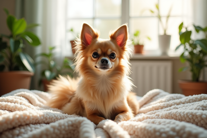 chihuahua-longhaired-dans-salon Chihuahua à poil long sur une couverture dans un salon lumineux