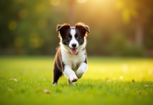 Chiot border collie courant dans l'herbe verte en plein jour