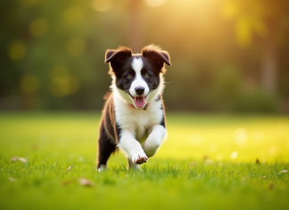 Chiot border collie courant dans l'herbe verte en plein jour