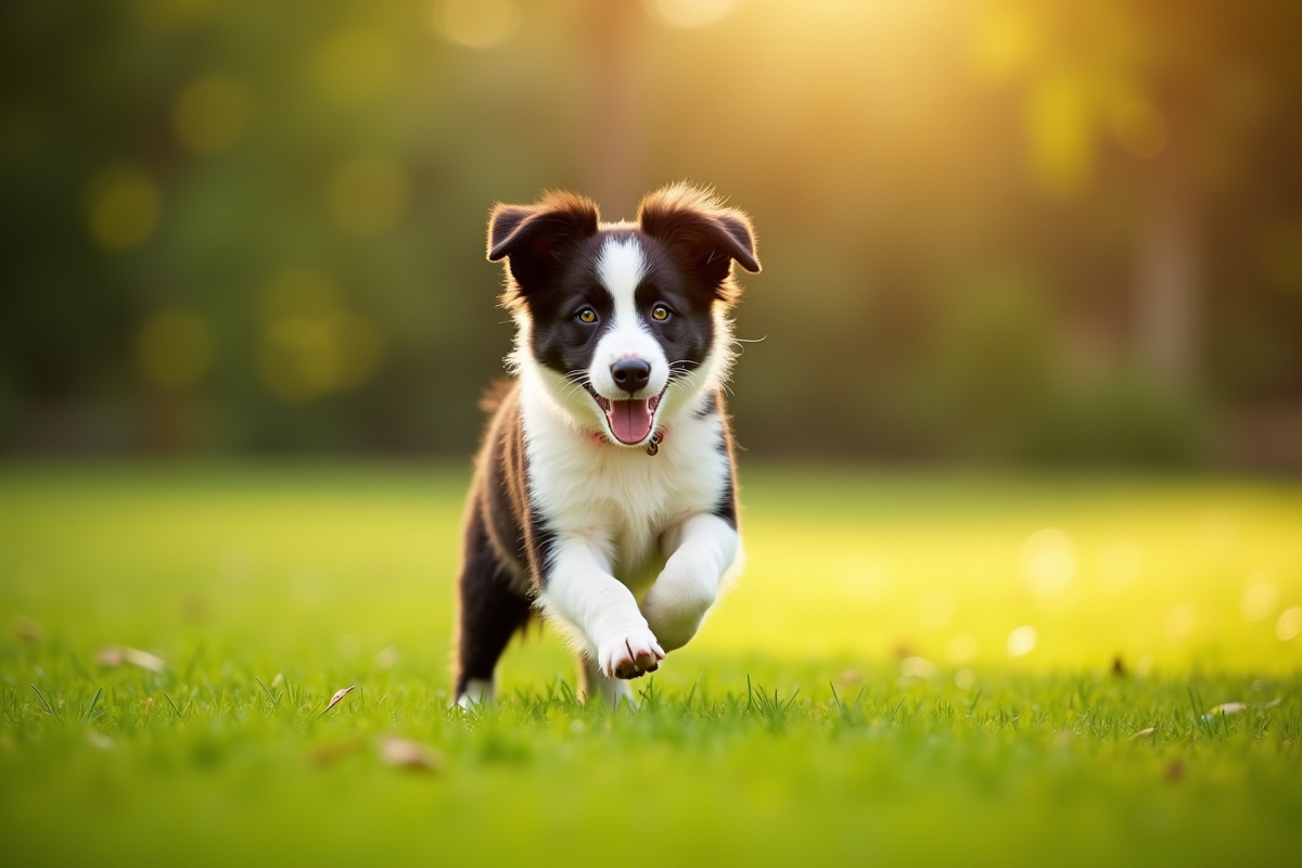 Chiot border collie courant dans l'herbe verte en plein jour