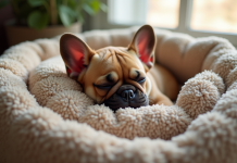 Chiot bulldog français endormi dans un lit douillet