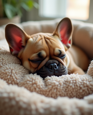 Chiot bulldog français endormi dans un lit douillet