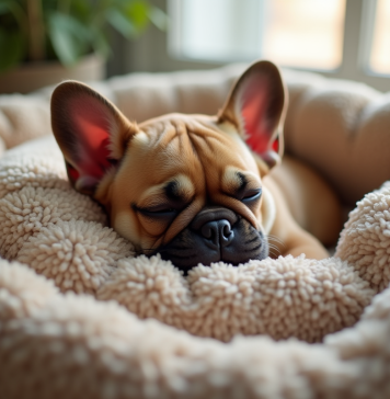 Chiot bulldog français endormi dans un lit douillet