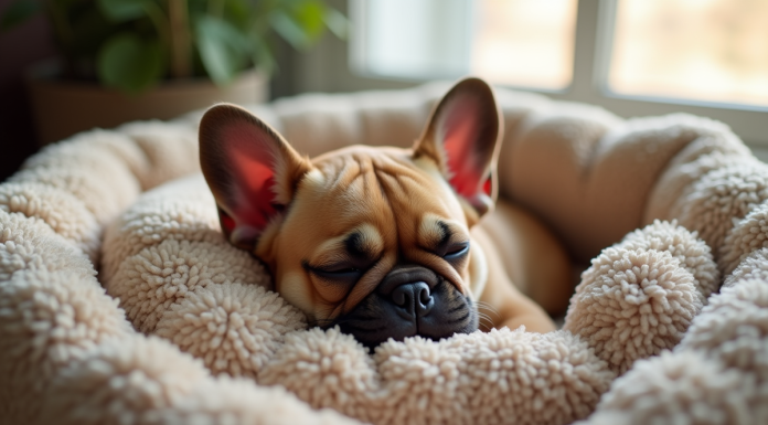 Chiot bulldog français endormi dans un lit douillet