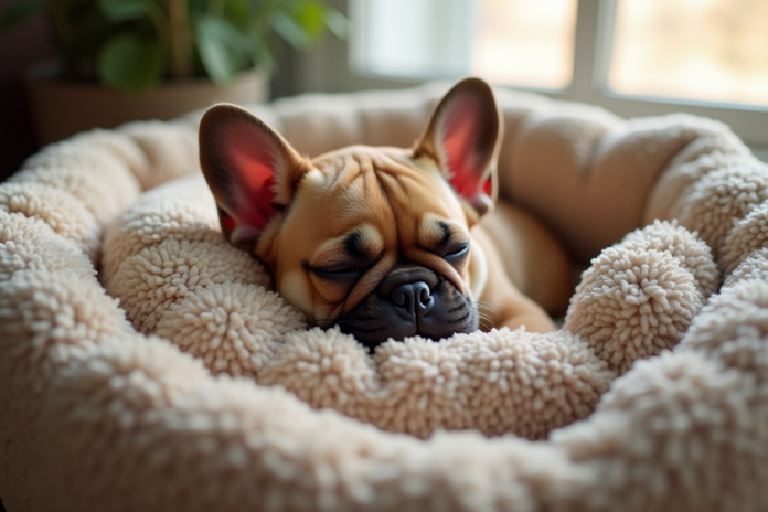 chiot-bulldog-francais-dodo Chiot bulldog français endormi dans un lit douillet