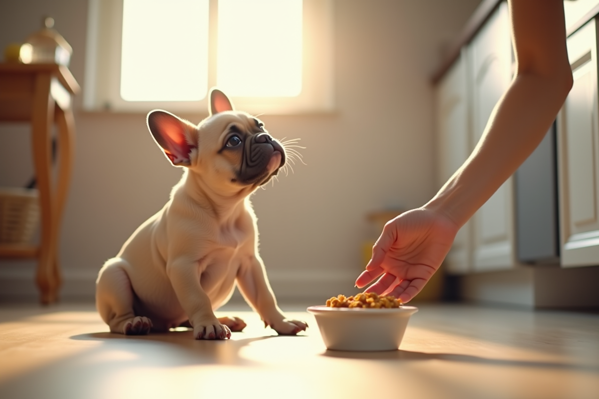 Chiot bulldog français regardant des mains préparer un repas