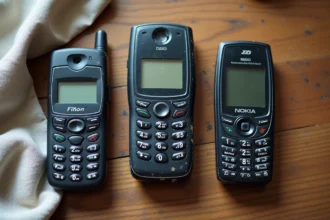 Collection de vieux téléphones portables vintage années 90 et 2000, clapet, antenne et touches, posés sur une table en bois usé