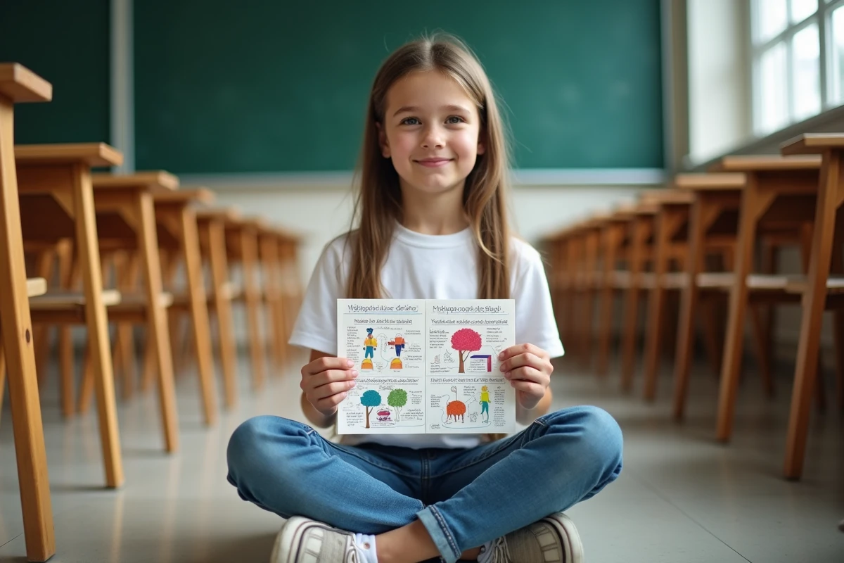 Collégienne consultant une fiche illustrée des travaux d'Hercule en classe