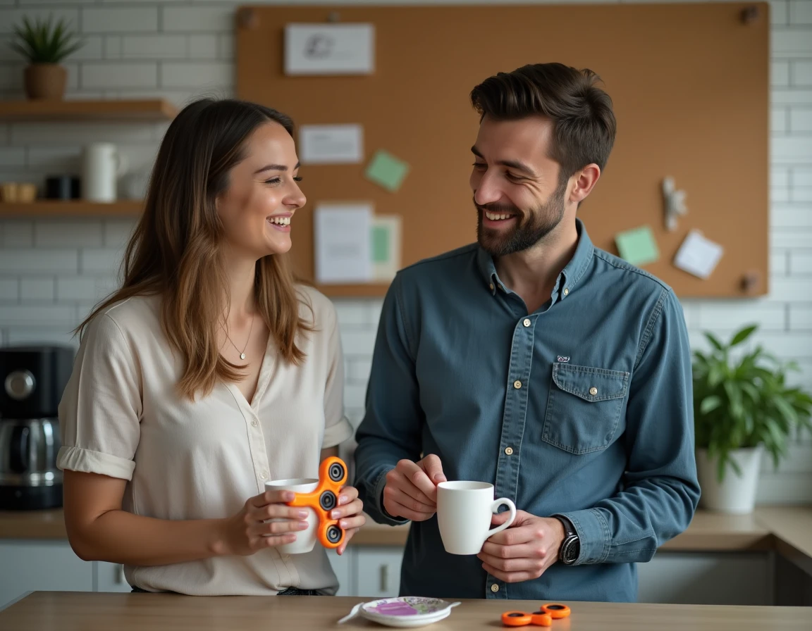 Deux collègues souriant ensemble autour d'une toupie dans la salle de pause du bureau