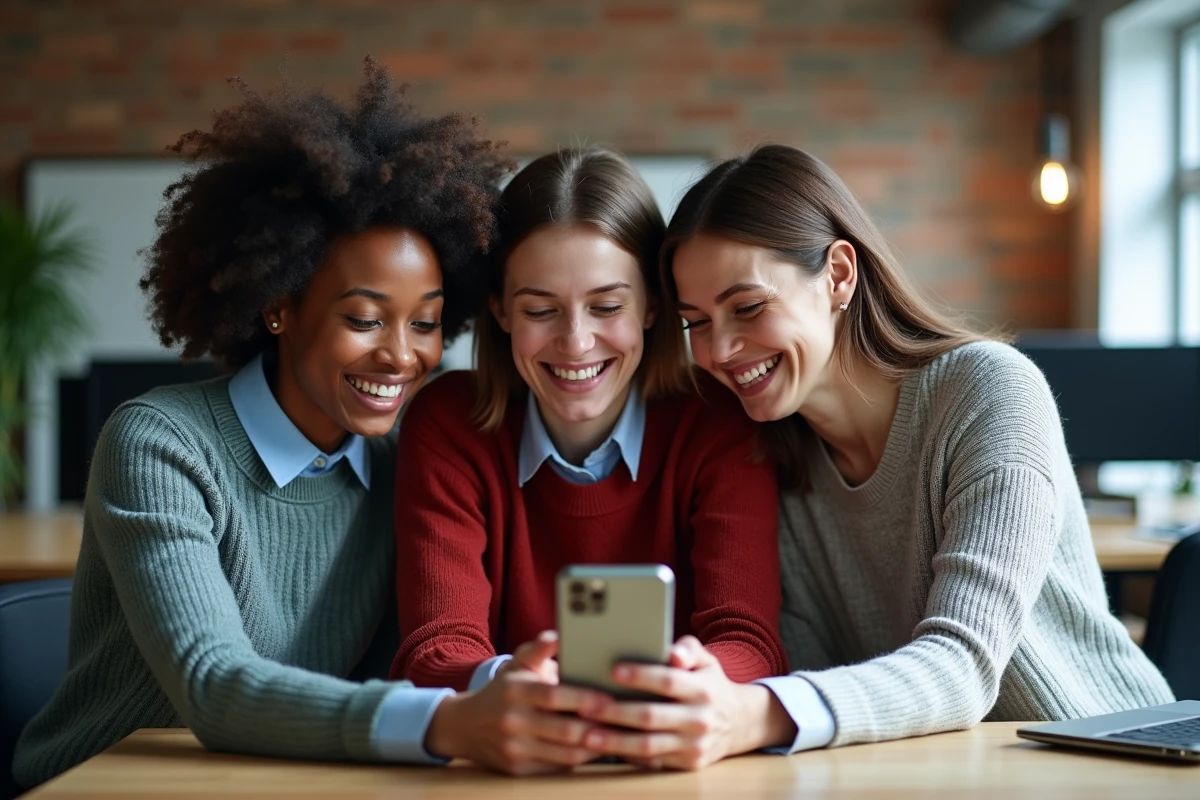 Collègues de bureau rédigeant ensemble un message de vœux de vacances original sur un smartphone dans un open space moderne