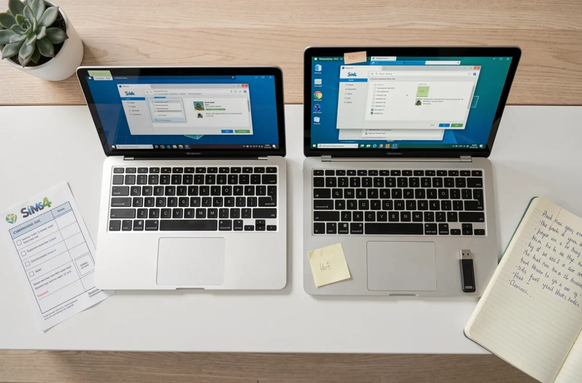 Comparaison côte à côte de l'installation du mod Wicked sur Sims 4 entre un MacBook et un PC portable Windows