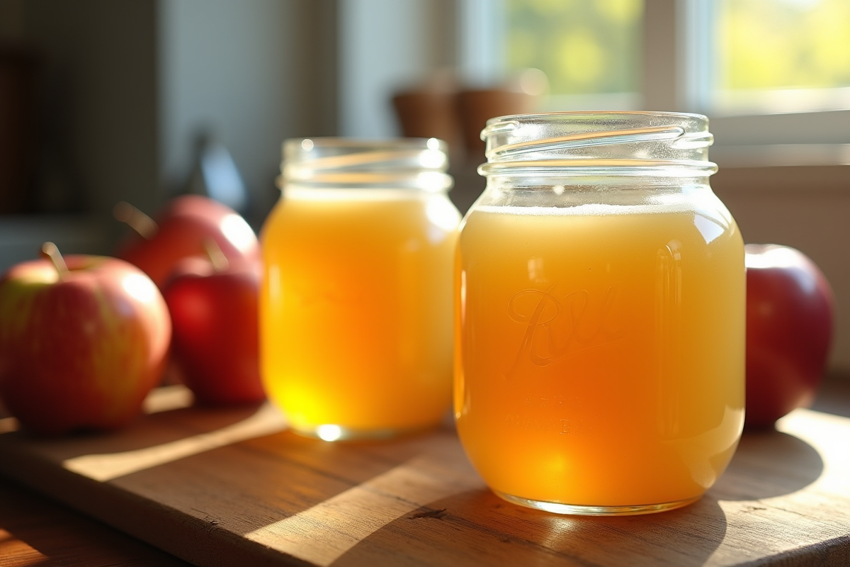 Pommes en compote maison refroidissant dans des pots en verre sur une table en bois