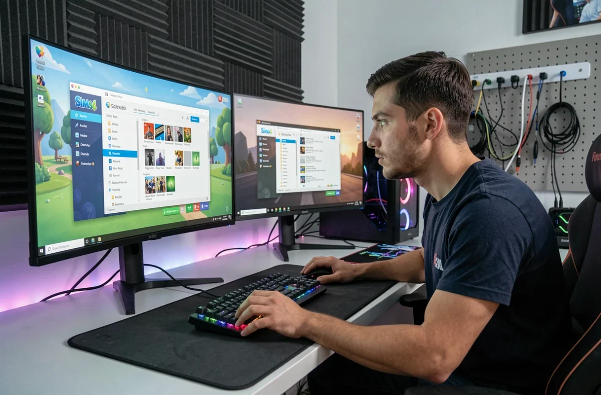 Homme configurant le mod Wicked sur Sims 4 avec un PC gaming doté de deux écrans dans une salle de jeu