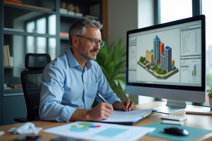 Consultant en énergie examinant des plans de bâtiment