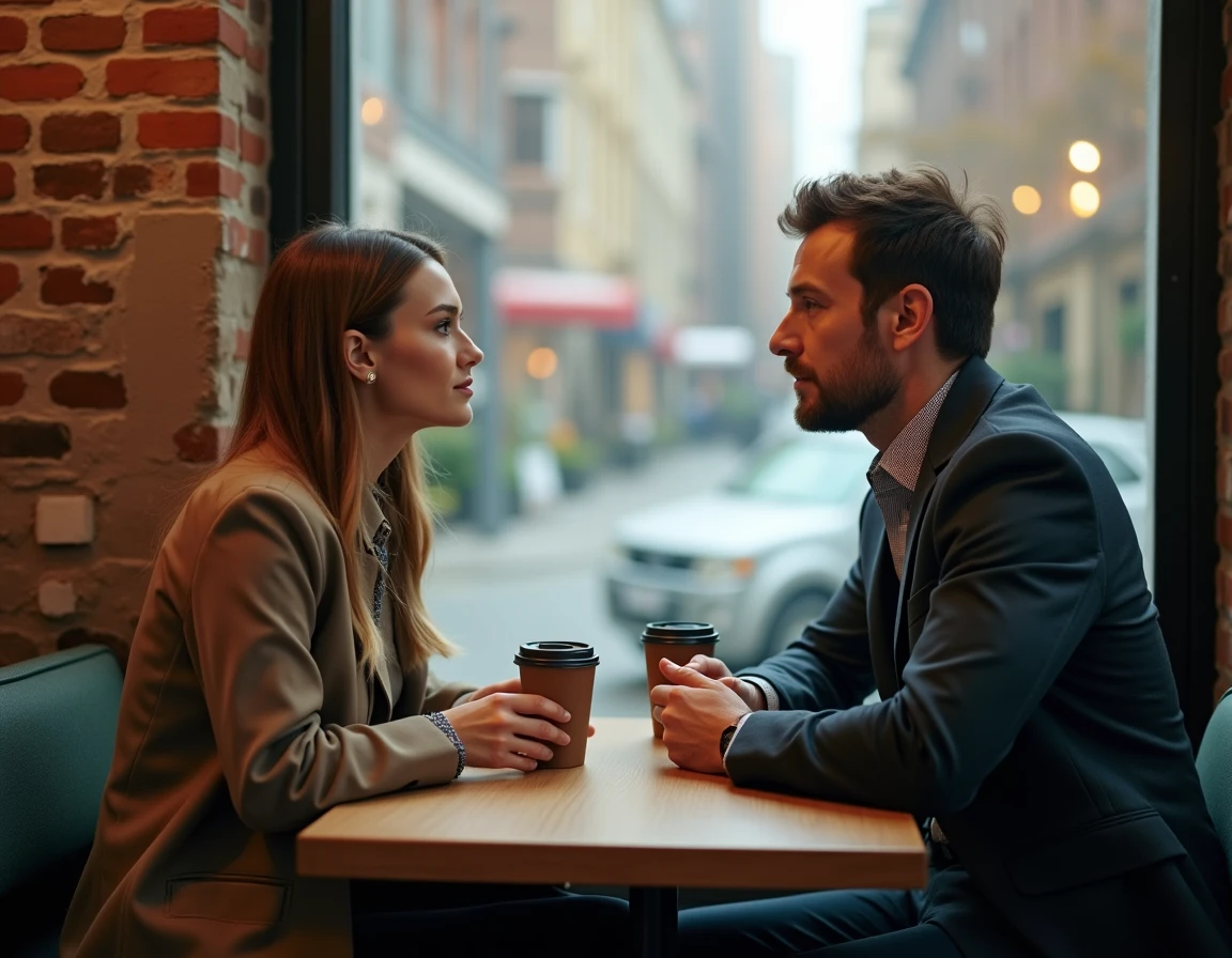 Un homme et une femme en conversation profonde dans un café, illustrant les différences entre les personnalités INFJ et ENFJ du test MBTI