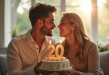 Couple heureux dans un salon lumineux pour un anniversaire