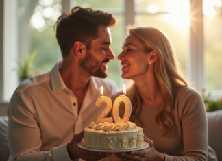 Pourquoi fêter les deux ans de mariage est si important ? Couple heureux dans un salon lumineux pour un anniversaire