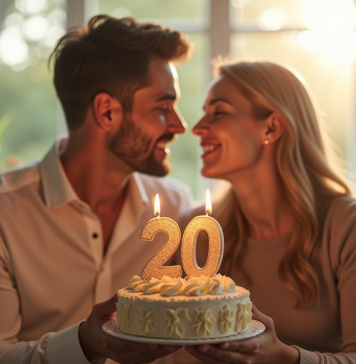 Couple heureux dans un salon lumineux pour un anniversaire