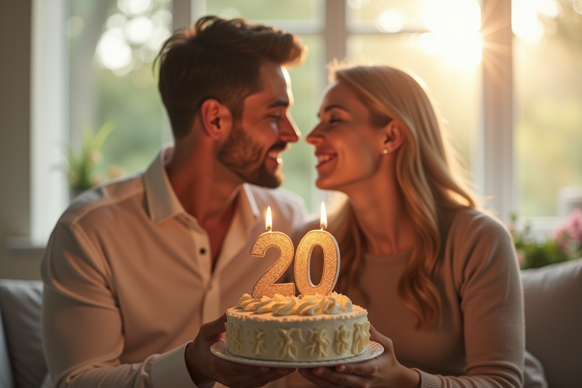 Couple heureux dans un salon lumineux pour un anniversaire
