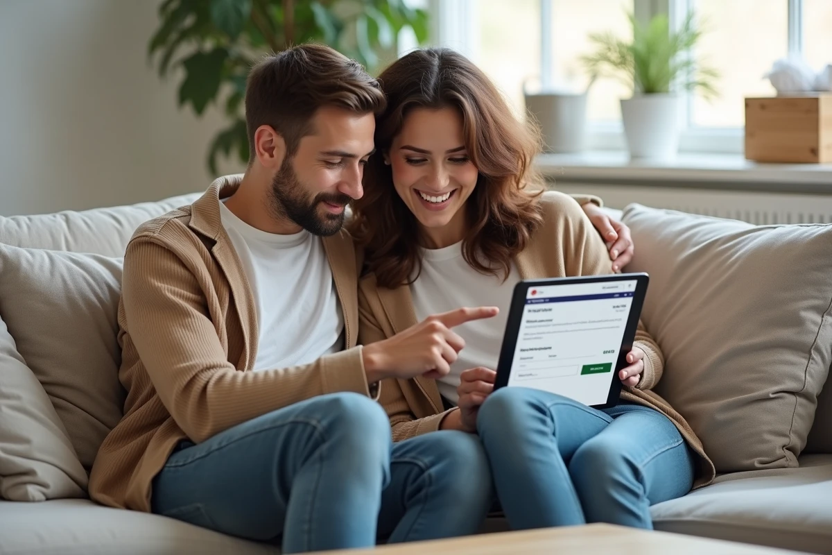 Couple utilisant un code promo Pixmania de dernière minute sur une tablette avant de valider leur commande