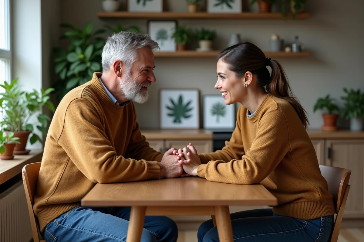 Un couple se tenant la main dans une cuisine chaleureuse et moderne