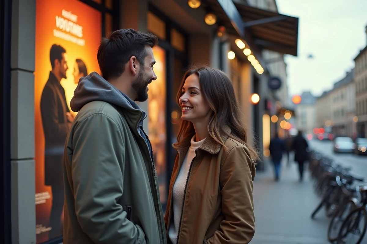 Jeune couple discute films devant un cinéma en ville