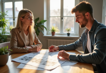 Jeune couple discutant d'investissement immobilier dans un salon lumineux