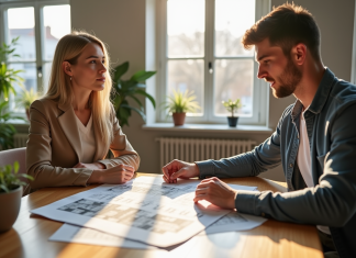 Jeune couple discutant d'investissement immobilier dans un salon lumineux