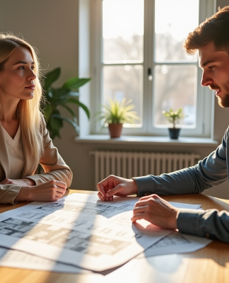 Jeune couple discutant d'investissement immobilier dans un salon lumineux