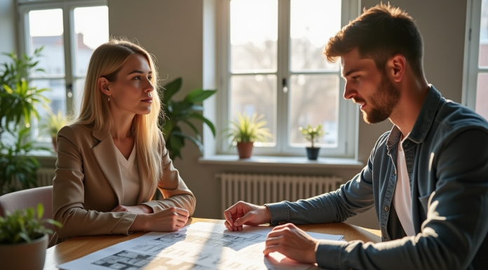 Jeune couple discutant d'investissement immobilier dans un salon lumineux