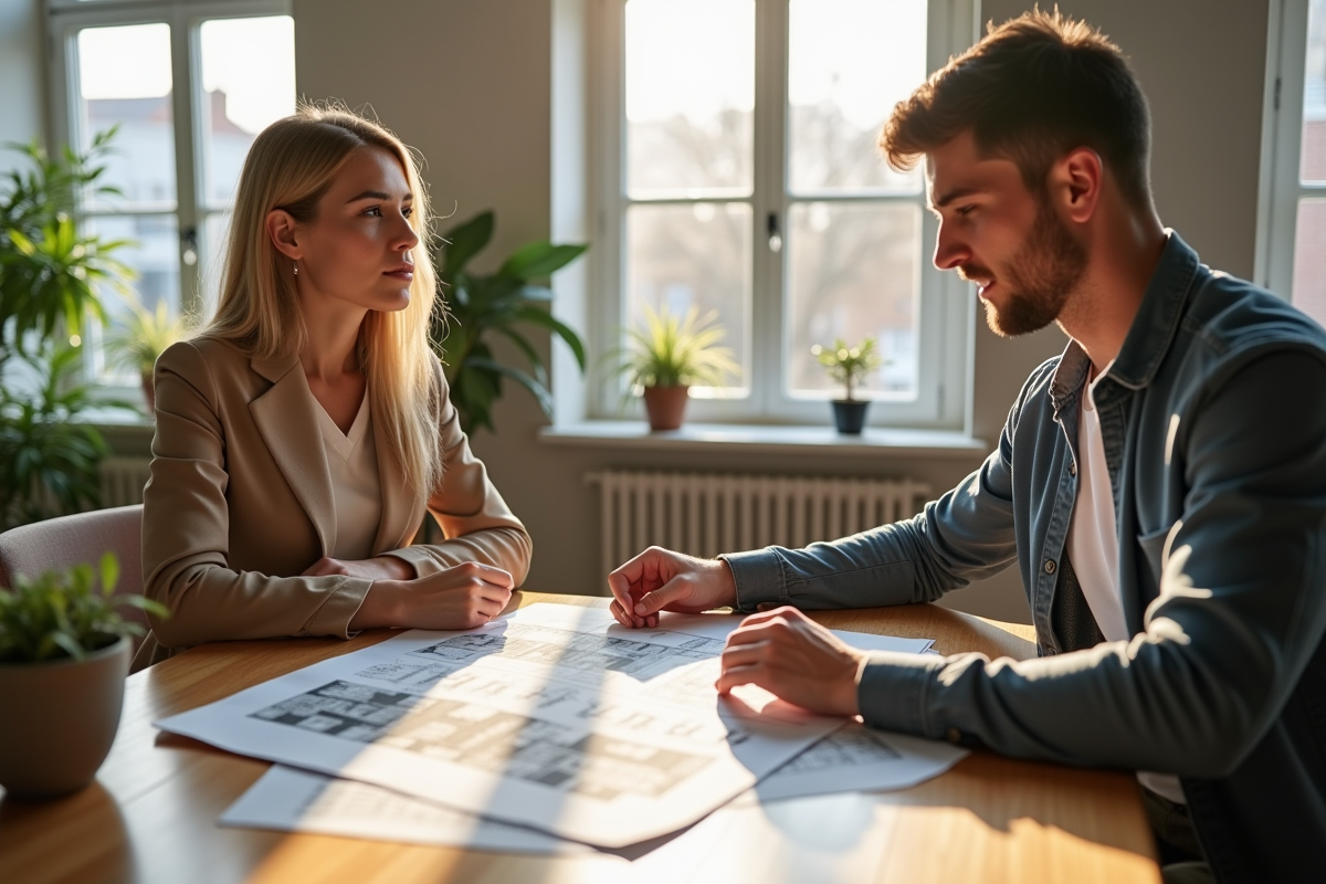 Jeune couple discutant d'investissement immobilier dans un salon lumineux