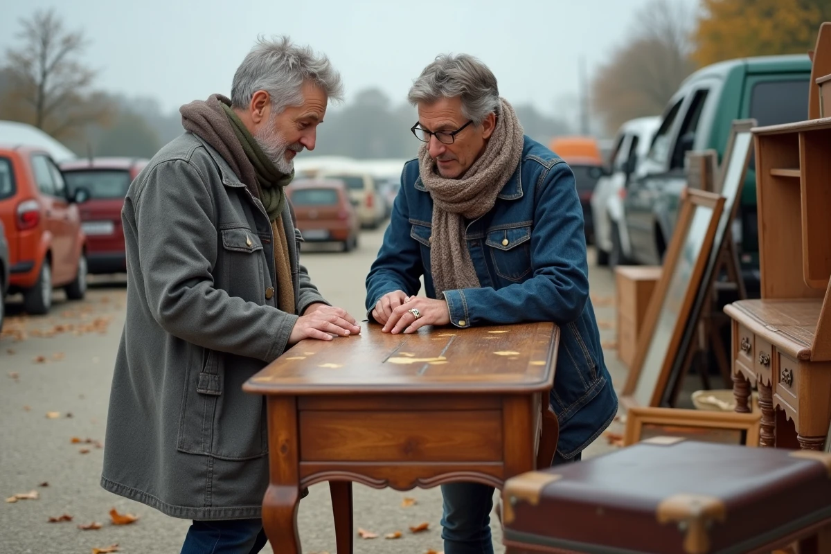 Couple examinant un bureau ancien en bois lors d'une grande brocante en plein air près de Metz en automne