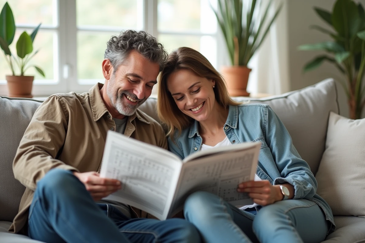 Couple collaborant ensemble pour résoudre une grille de mots fléchés difficiles dans un salon moderne