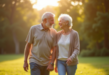 Couple âgé souriant marchant dans un parc ensoleille