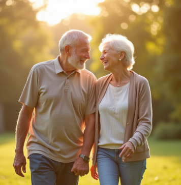 Survivre à 46 ans de mariage : conseils pour maintenir l’amour et le respect Couple âgé souriant marchant dans un parc ensoleille