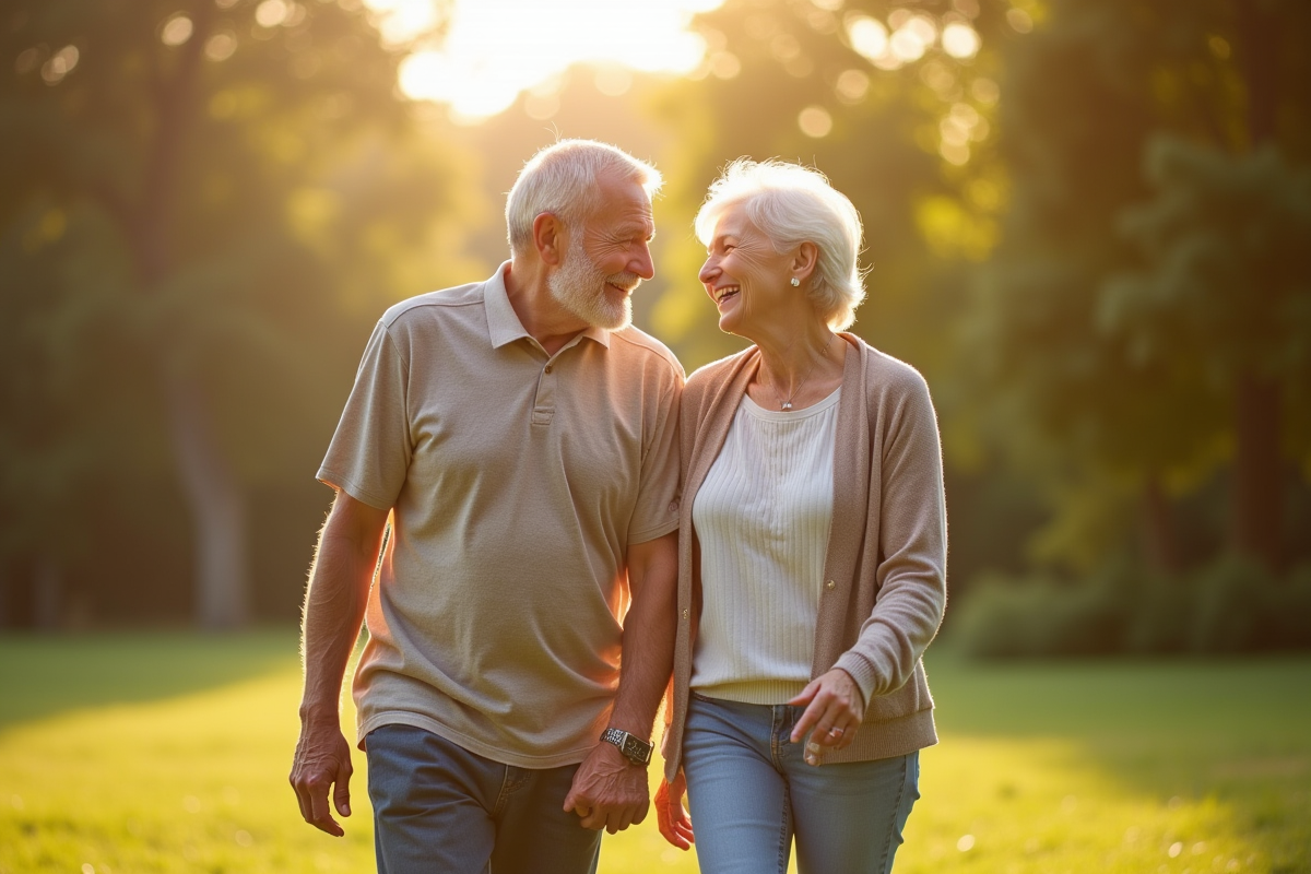 Couple âgé souriant marchant dans un parc ensoleille
