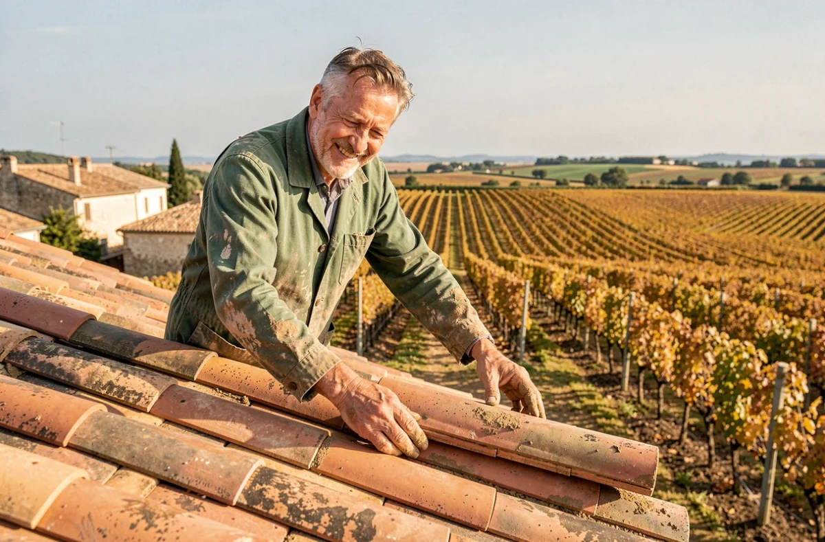Couvreur de Couverture du Médoc repositionnant des tuiles romaines sur un toit au Pian-Médoc avec vignes en arrière-plan