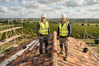 Deux couvreurs professionnels sur un toit en tuiles en Gironde avec vue sur le vignoble bordelais