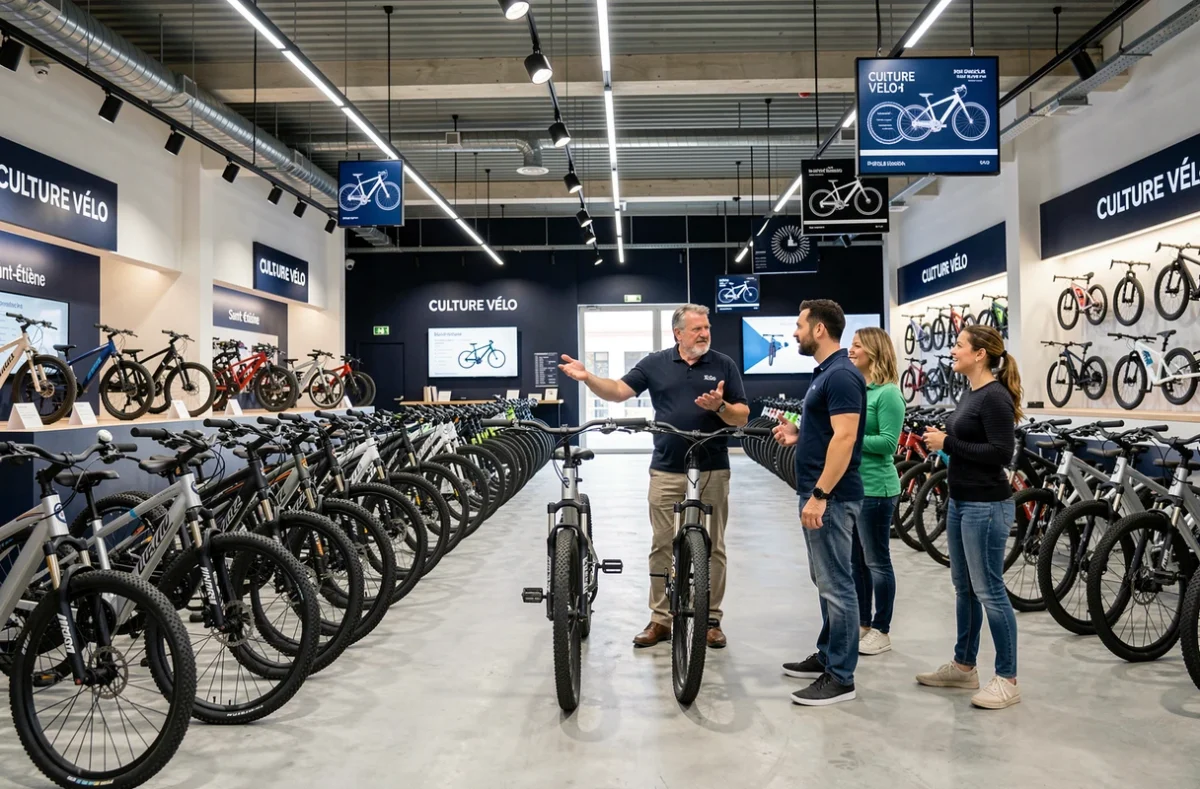 Showroom Culture Vélo à Saint-Étienne avec une large sélection de vélos électriques et un conseiller en magasin