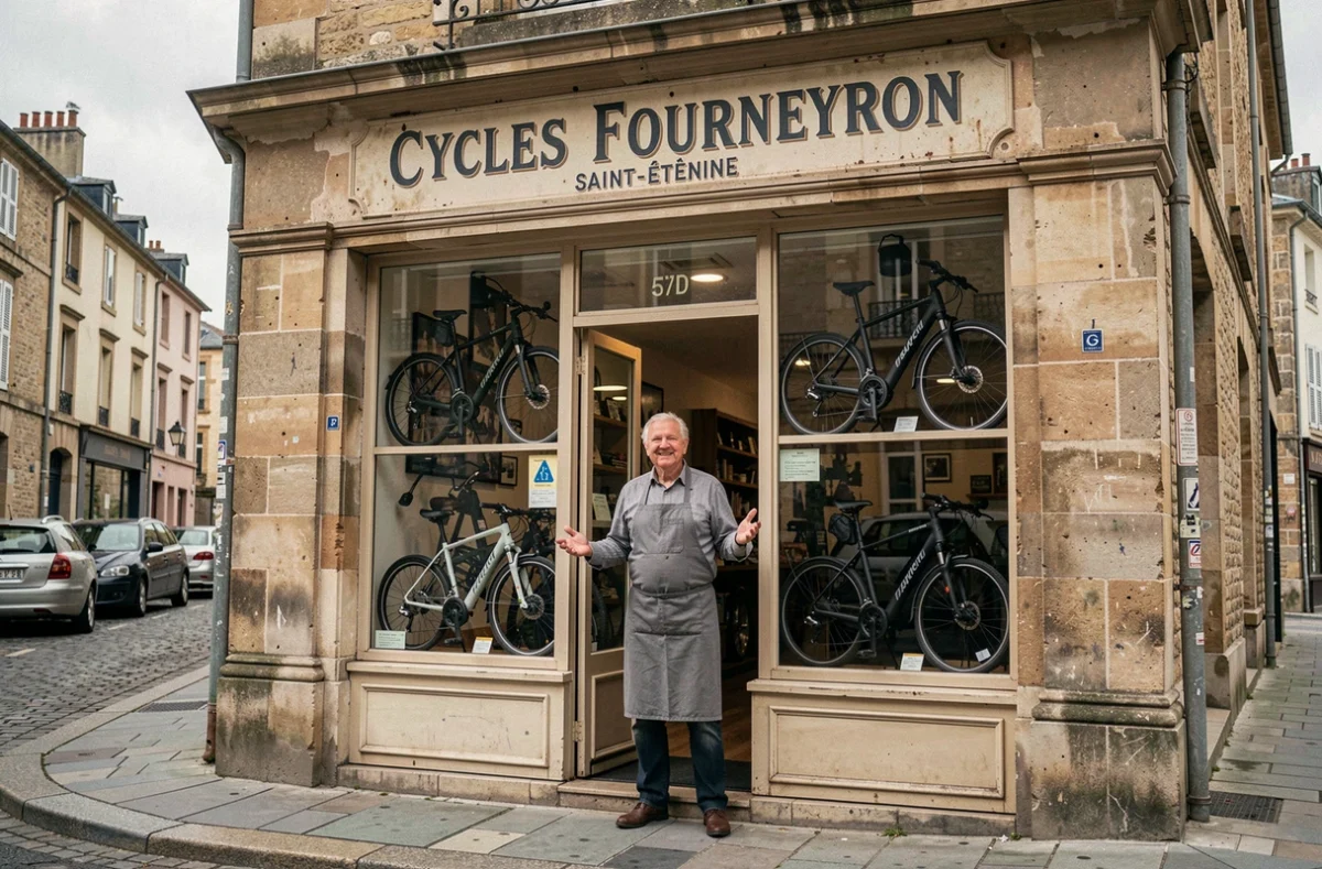 Devanture du magasin Cycles Fourneyron à Saint-Étienne avec son employé devant l'entrée