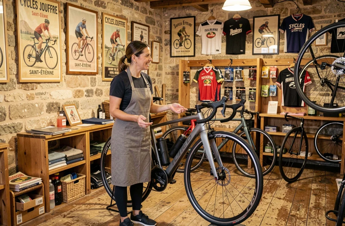 Conseillère chez Cycles Jouffre à Saint-Étienne présentant un vélo électrique haut de gamme à un client