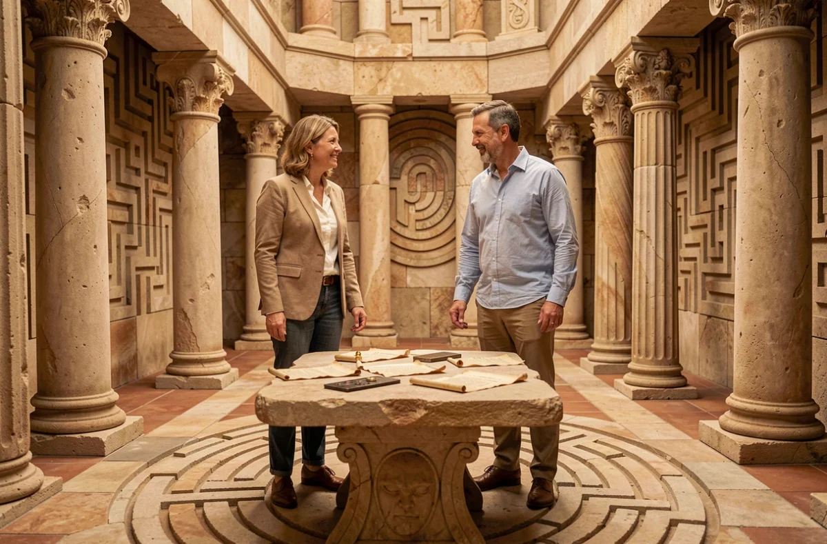 Couple explorant un décor de labyrinthe grec dans l'escape game Daedalus à Blois