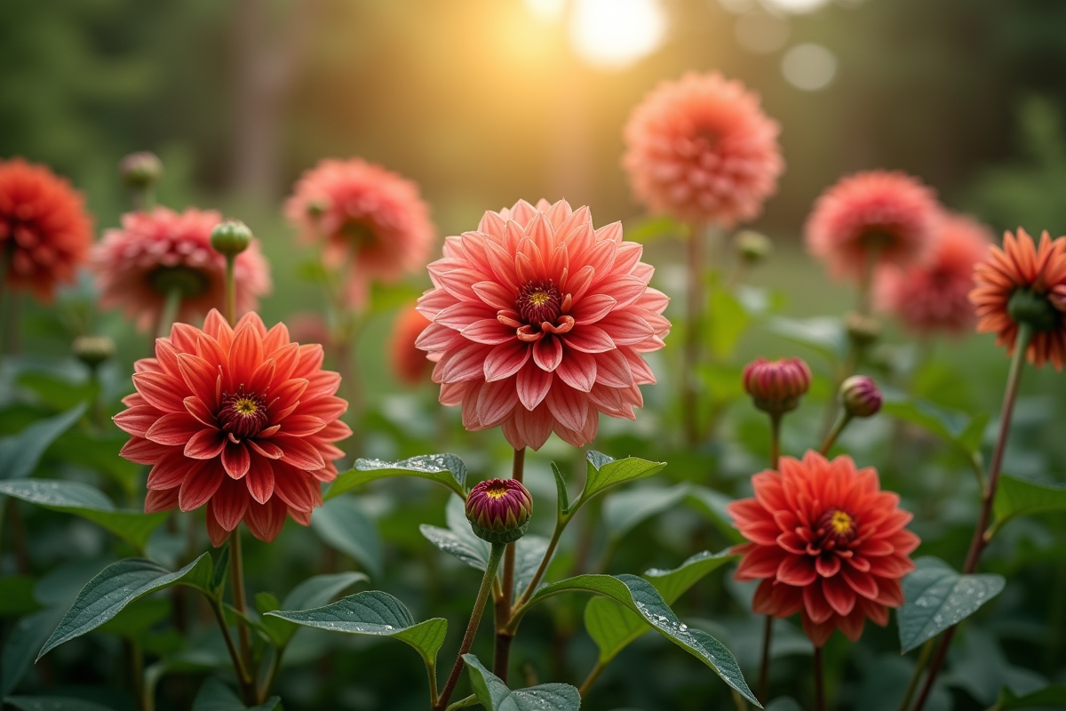 Dahlias couverts de rosée dans un jardin au matin