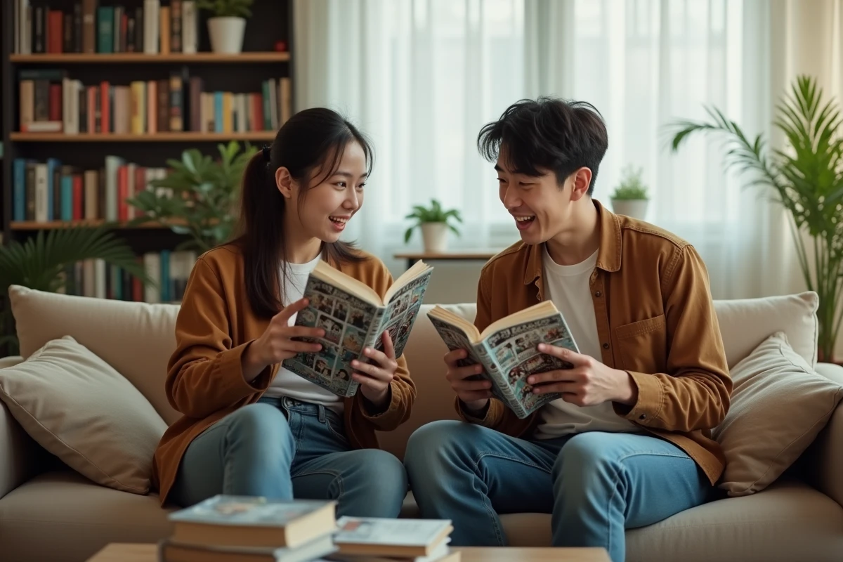 Deux jeunes adultes débattant de la lecture de scanlations versus la version officielle de One Punch Man dans un salon